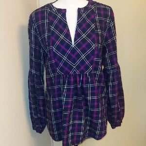 LOFT Navy and Pink Plaid Blouse